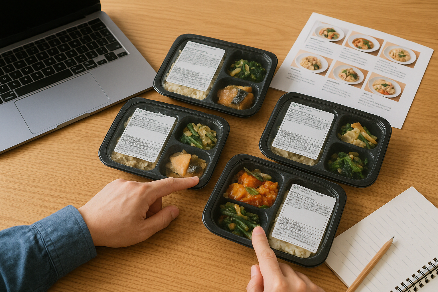 冷凍宅配弁当を選ぶ場面。複数の弁当や栄養表示を比較し、自分に合った宅配弁当を選んでいる様子。